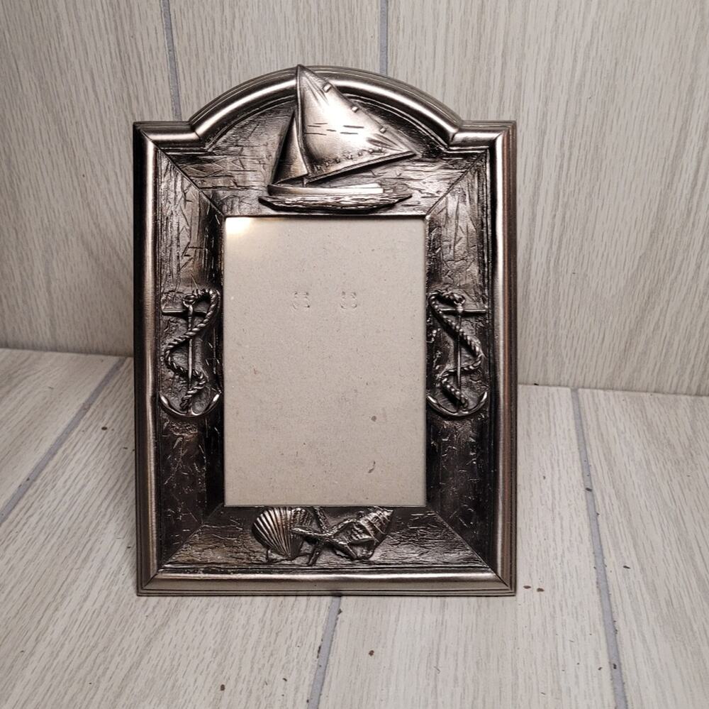 Vtg Nautical Silver Pewter Sailboat Photo Frame Beach 3.5x5 Beach House Vacation